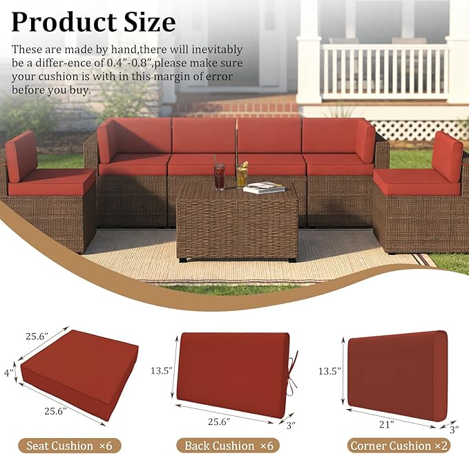 14 Pcs Outdoor Replacement Cushions for Patio Furniture, All Weather Water Resistant Cushion for 6 Seat Rattan Wicker Sectional Patio Conversation Sets and Couch (Brick Red)