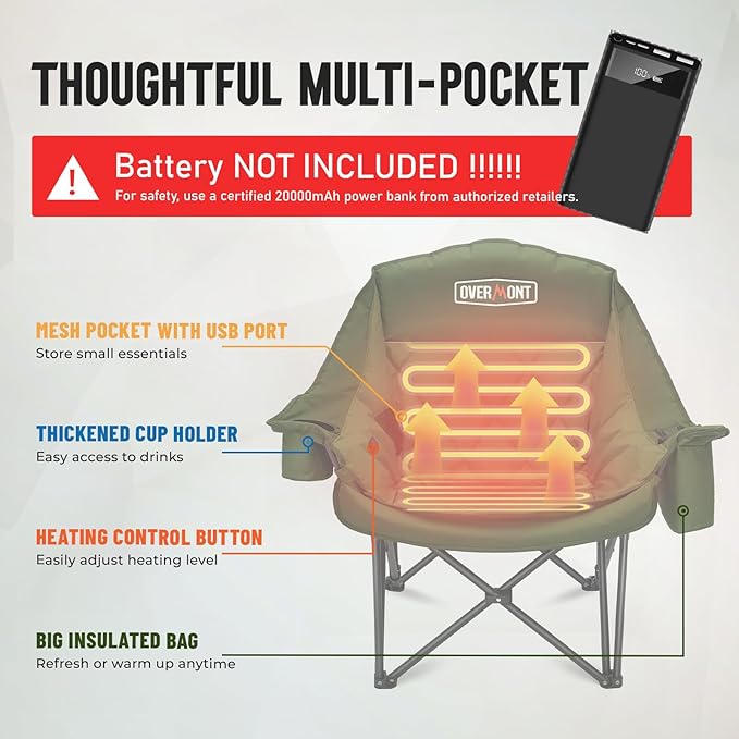 Overmont Heated Oversized Camping Chair for Adults - 3 Heat Levels Seat & Back Separately Control - 400lbs Support Heavy Duty Padded Folding Chair Outdoor Garden Portable - Battery NOT Included