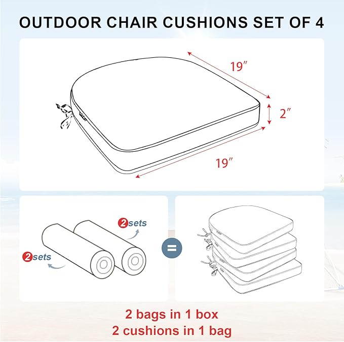 Favoyard Outdoor Chair Cushions 19"x19"x2" Set of 4 Waterproof Seat Cushion for Patio Furniture with 3-Year Fade Resistant Removable Cover Attach Straps Hidden Zipper Round Corner for Yard Garden