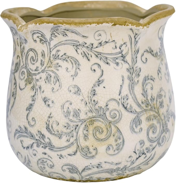 Rustic Ceramic Planter, 6 Inch Tuscan Vintage Flower Pot with Drainage, Farmhouse Garden Pot for Indoor Plants, Kitchen & Garden Tuscan Decor, Plant Lover Gift (Grey)