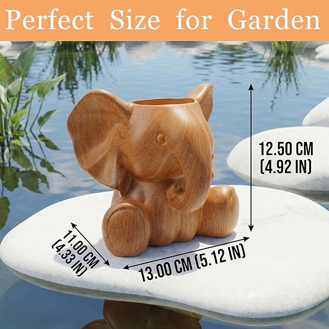 Small Plant Container | Unique Resin Flower Pot Sculpture | Succulent Flower Pot | White Elephant Gifts for Women | Perfect Plant & Elephant Gifts | Indoor & Outdoor Use (Wood Grain)