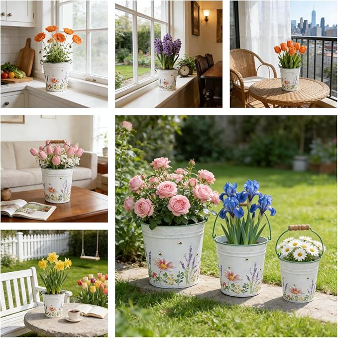 3-Piece Floral Metal Planter Bucket Set - Rustic Lavender Decorative Flower Pots for Succulents, Herbs & Indoor/Outdoor Garden, Flower Arranging, Wedding Party Home Decor Accents