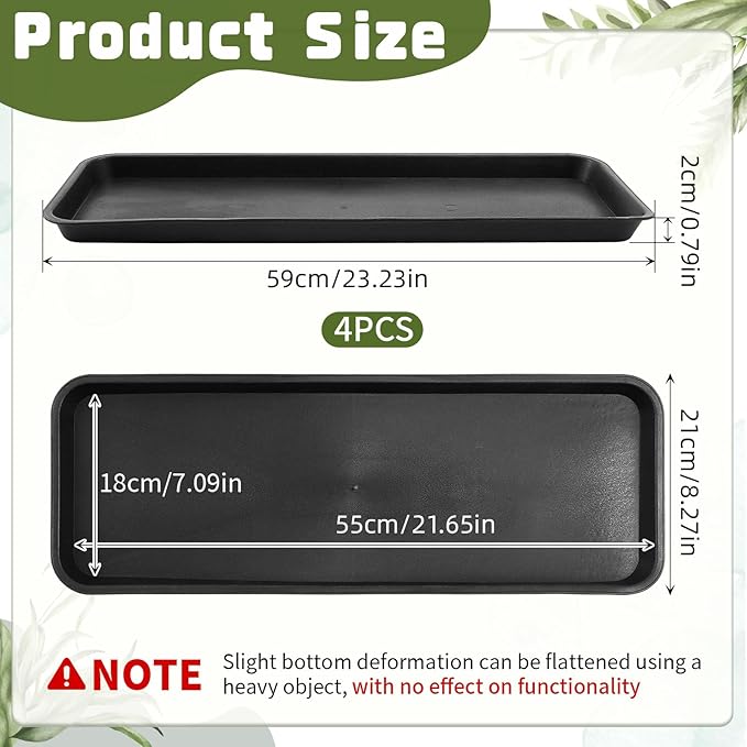 4 Pack Black 24 x 8.2 x 0.8 Inch Rectangle Plant Saucer Large Plastic Plant Tray Water Drip Trays for Windowsill Flower Pot Planter Drainage Germination Garden Outdoor Indoor Use