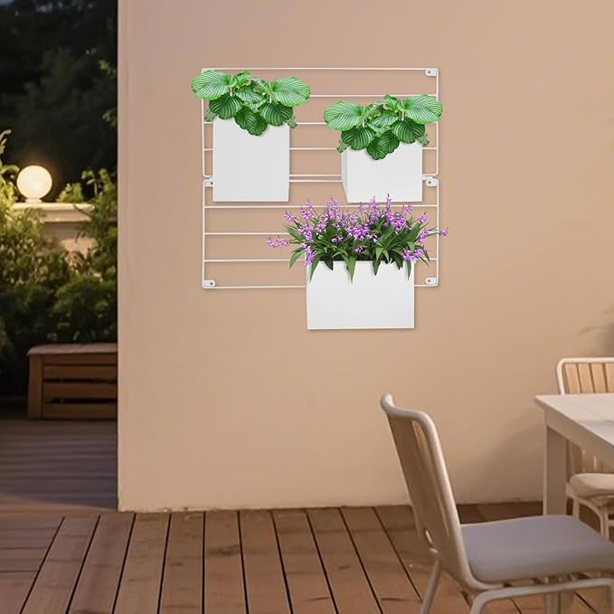 Vertical Garden Wall Planter, Wall Mounted Plant Holder with Grid and 3 Pots, Indoor Outdoor Hanging Garden Planter for Patio Herb Load Capacity 44.09 lbs 19.69x19.69inch (White)