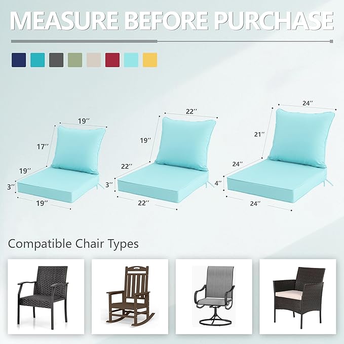 22x22 Inch Patio Chair Cushions Set of 4, Outdoor Furniture Cushions - Removable Cover, Water-Repellent, Fade-Resistant, Non-Slip Bottom & Straps, Replacement for Lawn, Porch & Deck Chair - Light Blue