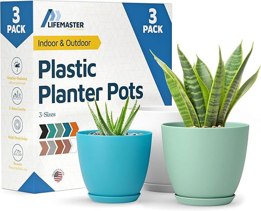 Multicolor Plant Pots with Drainage Holes & Saucers 3 Pack, Indoor & Outdoor Stackable Space-Saving Planters for Houseplants & Flowers, (7", 6.7", and 6" Inches), Durable & Weatherproof Materials