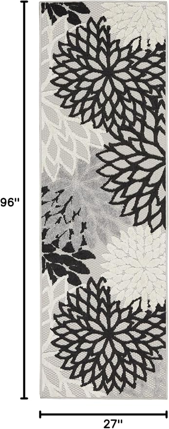 Nourison Home Aloha Indoor/Outdoor Black White 2'3'' x 8' Area-Rug, Tropical, Botanical, Easy-Cleaning, Non Shedding, Bed Room, Living Room, Dining Room, Deck, Backyard, Patio (2x8)