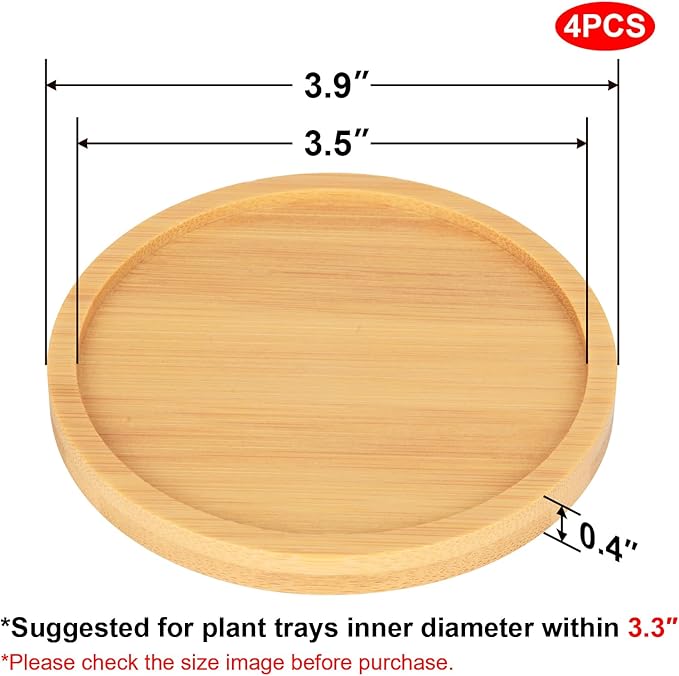 Cosmos 4 Pcs Bamboo Plant Saucer Succulent Pot Holder Drainage Tray with Raised Edge for 3.5 Inch Small Plant Flower Pots (Round Shape)