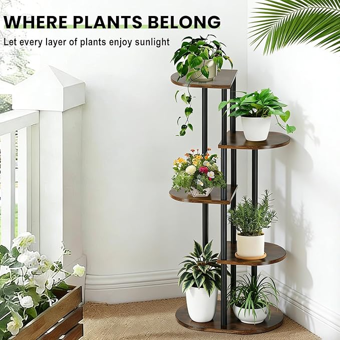 Tiered Plant Stand Indoor, Tall 5 Tier 6 Potted Wooden Plant Shelf for Multiple Plants, Multi Plant Holder Indoor for Patio Garden Patent Design Living Room Bedroom, Rustic Brown