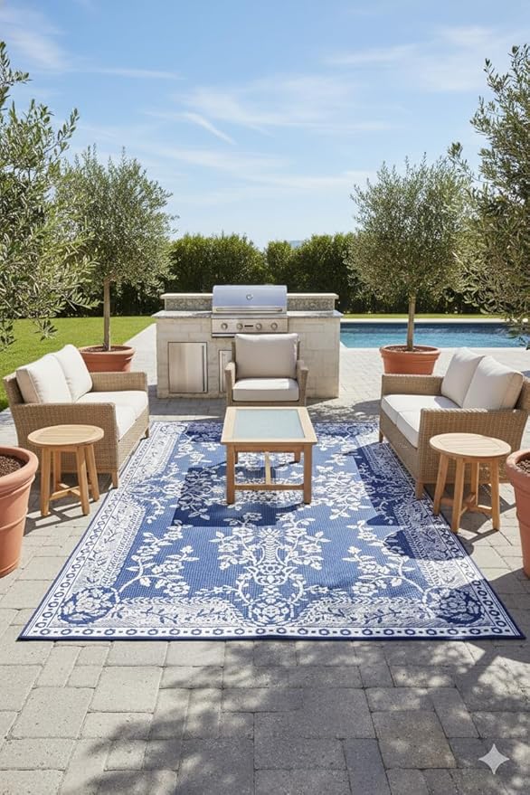 Mad Mats Outdoor Rug, Reversible Plastic Mat for Patio, Porch, Deck, Kitchen & Bath, Garland, 4' x 6', Blue White