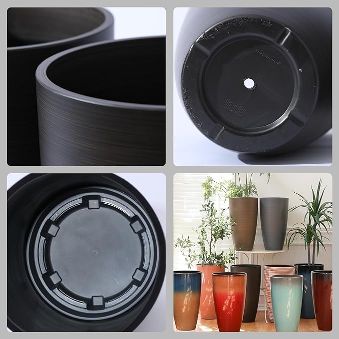 Tall Round Planter 2Pack-11.8"W*21"H Dark Wooden Grain Finish Flower Pots Indoor Decorative Container Garden Patio Outdoor Indoor Plants Unbreakable Resin With Drainage Hole&Movable Insert Shelf