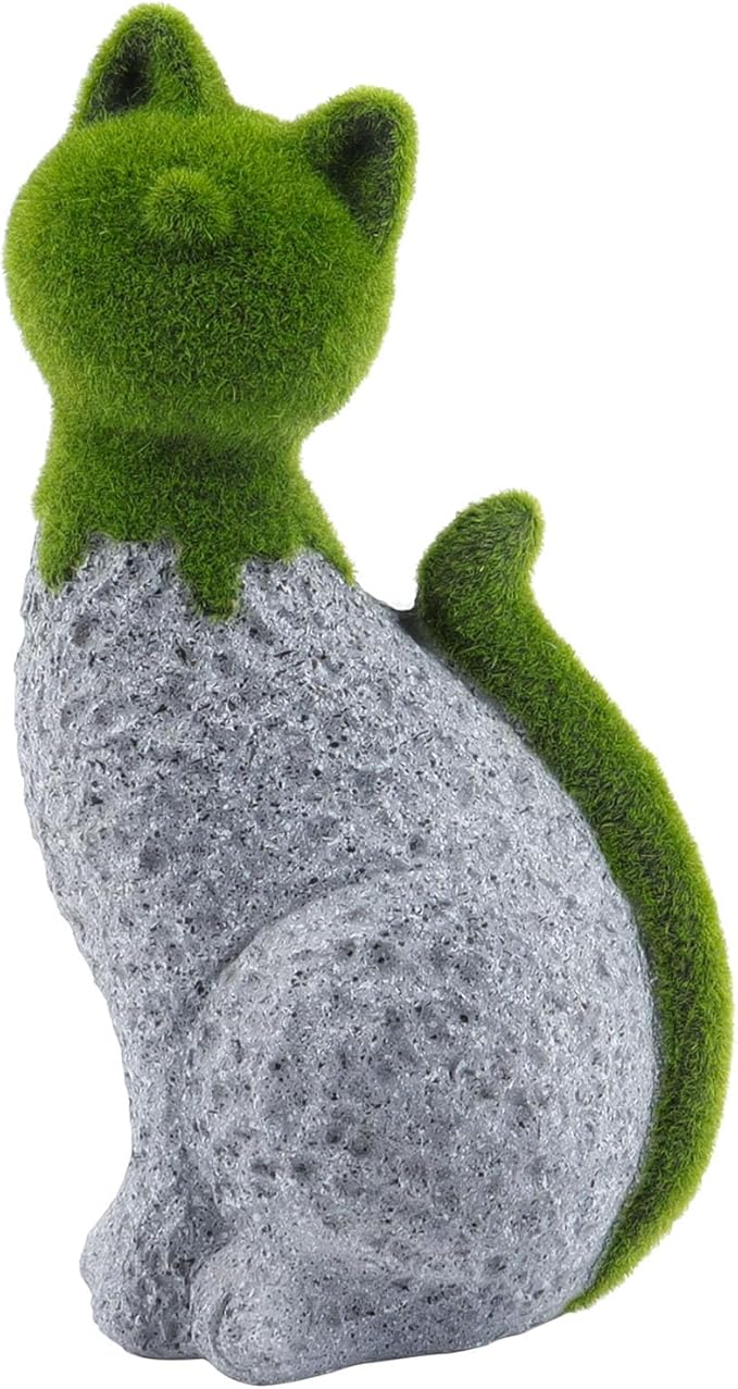 Cat Garden Statue with Flocked Animal Figurines Faux Green Covered Stones for Outdoor Decor, Perfect for Garden Statues and Figurines Outdoors