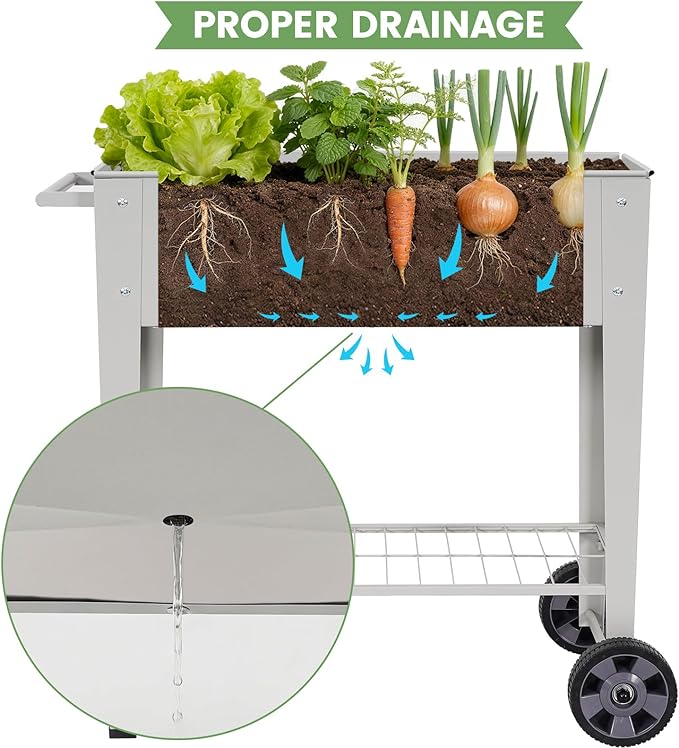 Tall Raised Garden Bed Outdoor with Wheels, Metal Elevated Raised Planter Box with Drainage Holes for Vegetables, Flower, Herbs(Grey)