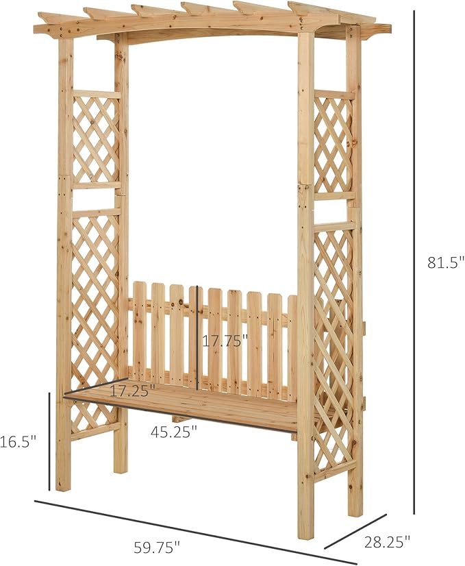 Outsunny Wooden Garden Arbor for Climbing Plants with Garden Bench, Garden Arch to Grow Grapes & Vines, Patio Decor & 2-Person Outdoor Wood Decorative Seating, Natural
