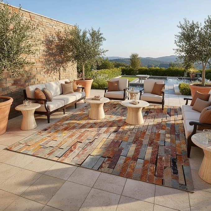 Rust Brown Yellow Stone Wall Texture Outdoor Area Rug for Patio Pool Deck Porch Balcony Garden 3D Visual Farmhouse Backyard Machine Washable Large Carpet 9x12 Non Slip Waterproof Outside Rugs Mat