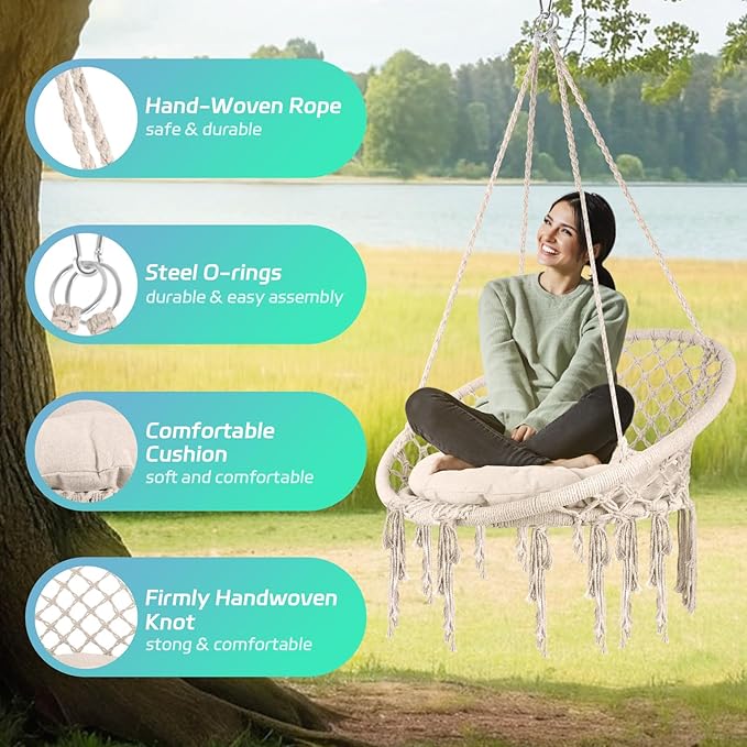 Hammock Chair Macrame with Stand & Cushion, 500 LBS Heavy Duty Swing Chair, 31.5" Wide Seat, Steel O-Rings for Indoor Outdoor Bedroom and Balcony Garden (Beige)