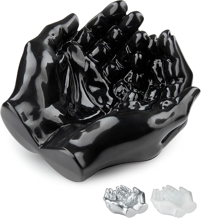 Hand Shaped Succulent Planter Pot - Crystal Display - Air Plant Holder - Giving Hands Sculpture Decor - Key Bowl Ring Dish - Candle Holder (Black)