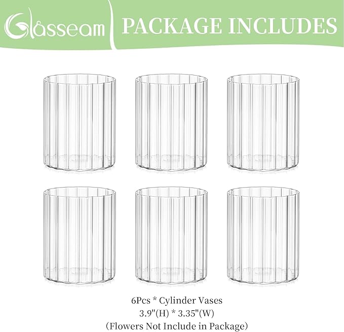 Glasseam Glass Cylinder Vases for Centerpieces: Clear Ribbed Flower Vases for Pillar Candle - 6Pcs Modern Hurricane Floating Candle Holder for Table Wedding Centerpieces Living Room Decorations