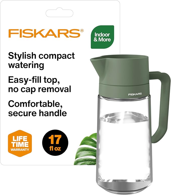 Fiskars Glass Watering Carafe for Indoor Plants – Easy-Fill Top Houseplant Watering Can, Drip-Free Narrow Spout, Small Plant Watering Pitcher, 0.5L/17 oz.