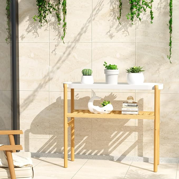 Wisuce Bamboo Plant Stands Indoor, 2 Tier Steel Tray Tall Corner Plant Stand Holder & Plant Display Rack for Outdoor Garden Indoor Home (1 - 2 Tier)