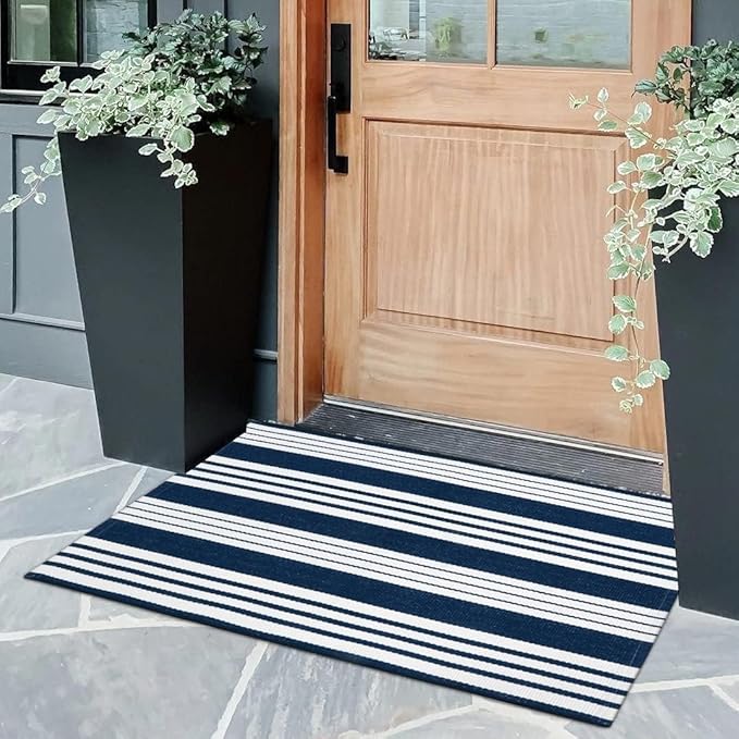 OJIA Front Door Mats Outdoor 2'x3' Striped Front Door Rug Washable Door Mats Cotton Woven Indoor Outdoor Rugs Farmhouse Small Area Rug Layered Doormat for Porch/Entryway/Kitchen/Home Entrance Decor