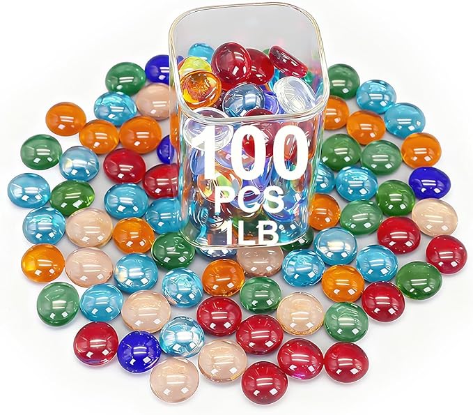 Mini Glass Gems for Vase,Mixed Colour Glass Stones Flat Bottom Marble Beads for Aquarium Fish Tank Planter Crafts Home Decorative Art Craft Vase Filler (Colorful, 1 Pound)