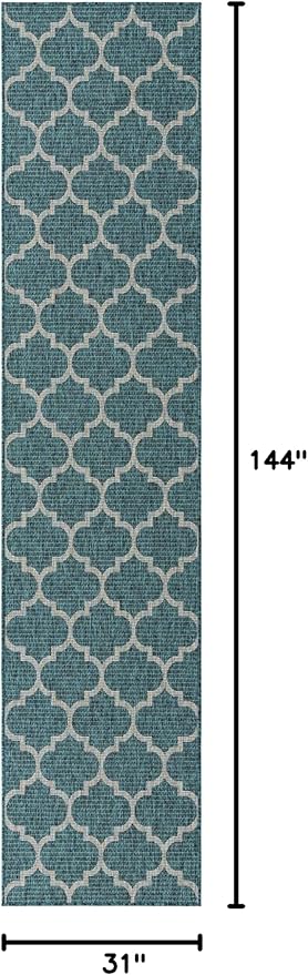 Unique Loom Outdoor Trellis Collection Area Rug (2' 7" x 12' Runner, Teal/ Gray)