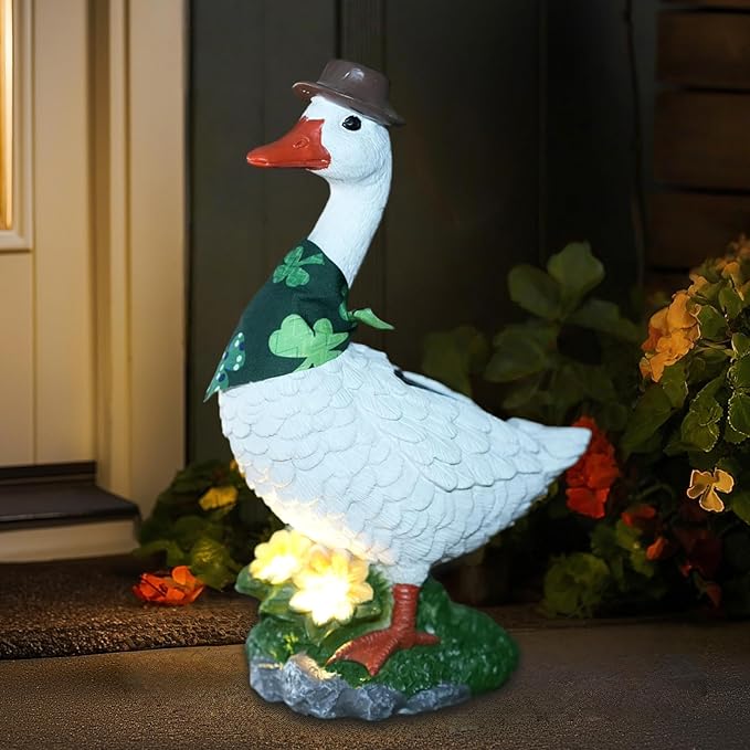 Porch Goose Garden Statue with Solar Glowing Flower, 10" Solar Duck Decorative Figurine for Outdoor, Valentine St.Patrick Easter Christmas Seasonal Scarves for Patio Yard Decor - Unique Gift for Women