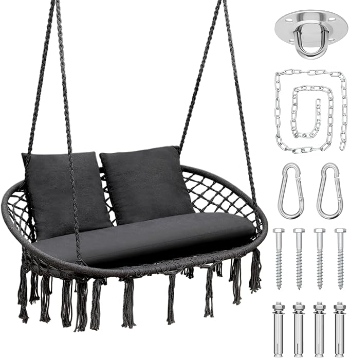 Athena Collection Hammock Swing Chair with 2 Seat, Max 700 Lbs, Outdoor Large Cotton Rope Chair Hanging Macrame Chair with 3 Soft Cushion, Swing Chair for Outdoor Indoor Patio Garden, Black