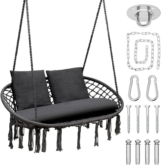 Athena Collection Hammock Swing Chair with 2 Seat, Max 700 Lbs, Outdoor Large Cotton Rope Chair Hanging Macrame Chair with 3 Soft Cushion, Swing Chair for Outdoor Indoor Patio Garden, Black