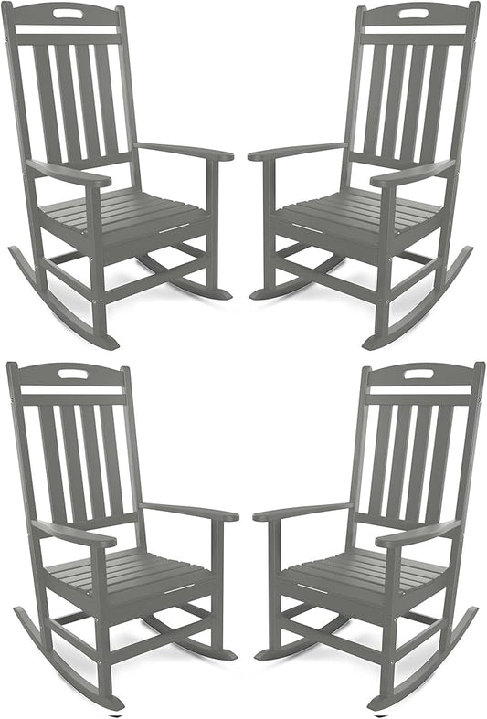 Outdoor Rocking Chair Set of 4, All-Weather Resistant Poly Lumber Rocker Chair Outdoor, High Back Plastic Patio Rocking Chairs for Outside Porch Rocker Garden Lawn, Slate Grey