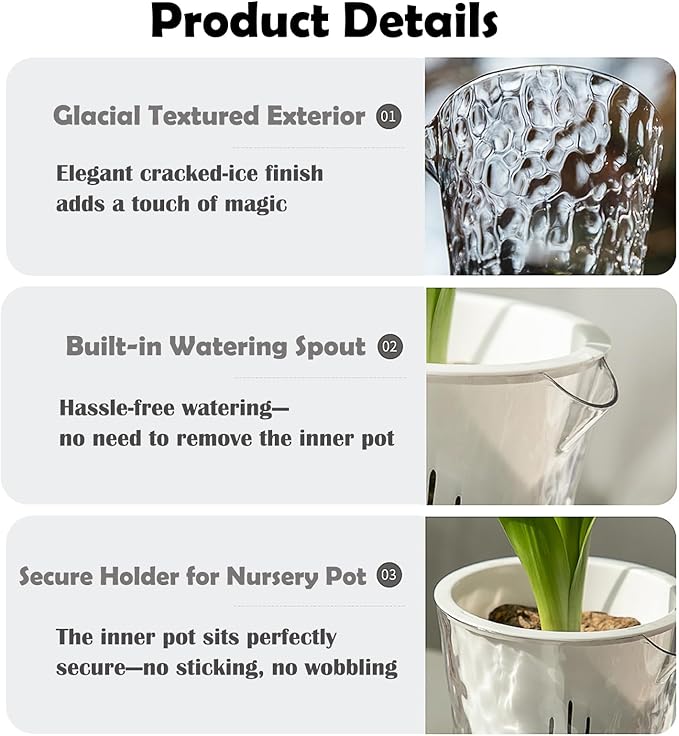 3-Pack Self Watering Plant Pots, 5 Inch Clear Flower Pots with Drainage Holes, Tray and Rope, Plastic Self Watering Planters for Indoor Outdoor Garden Plants, African Violet, Herbs
