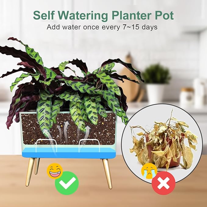 13.5 Inch Planter Pot with Metal Craft Legs, Self Watering Planter Pots with Water Shortage Alarm Plant Pot for Indoor Outdoor Decorative Succulents Herb (B- Green)