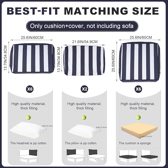 Patio Sectional Cushions, 14-Piece Replacement Cushions for Outdoor Furniture, Water-Resistant Outdoor Sofa Cushion for 6-Seat Rattan Wicker Sectional Conversation Sets (Navy Blue & White Stripes)