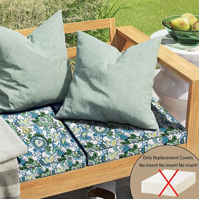 Magpie Fabrics Indoor Outdoor Cushion Cover Replacement 2 Pack, NO Insert! Water Repellent Slipcover with Ties Decor for Patio Garden Chair Seat Sofa Bench Wicker(Botanical Blue Green, 20x18x4 Inch)