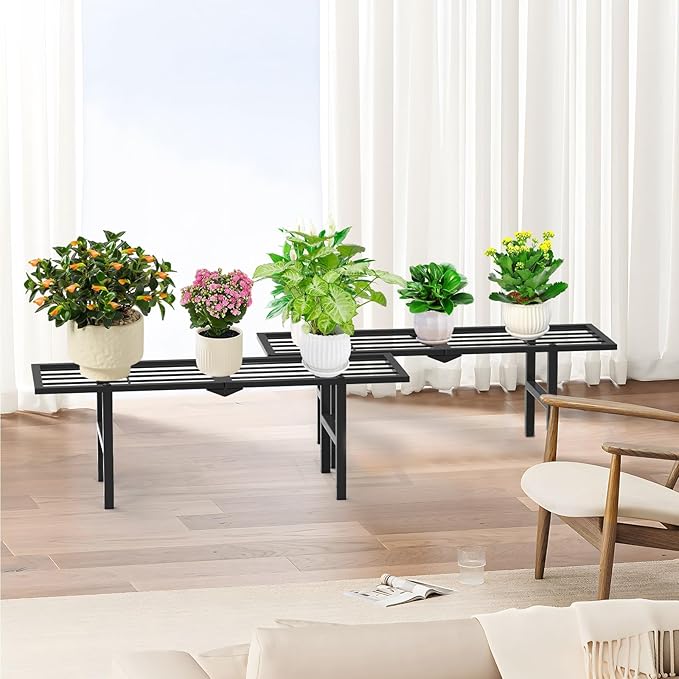 1 Tier Plant Stand Indoor Outdoor, 2 Pack Foldable Heavy Duty Metal Plant Shelf, Multi-Plant Display Flower Pot Holder for Garden Patio Balcony, Black