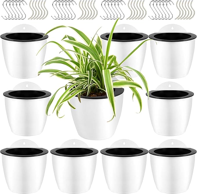 HOIGON 10 Pack 7 Inch Lazy Flower Pots, Self Watering Wall Hanging Plastic Planters with S-Hooks and Wicks, Water Hanging Plants Pot for Indoor Outdoor Orchids African Violet, White