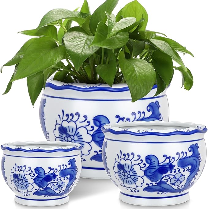 Set of 3 Blue and White Porcelain Flower Pots 7.2'' 6'' 4'' Decorative Chinoiserie Plant Pots with Drainage Hole Saucers Ceramic Planters for Indoor Garden(Elegant Style)