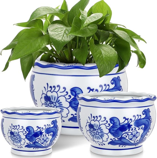 Set of 3 Blue and White Porcelain Flower Pots 7.2'' 6'' 4'' Decorative Chinoiserie Plant Pots with Drainage Hole Saucers Ceramic Planters for Indoor Garden(Elegant Style)