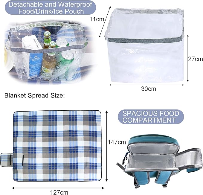 Sunflora Picnic Backpack for 4 Person Set Pack with Insulated Waterproof Pouch for Family Outdoor Camping(Light Blue)