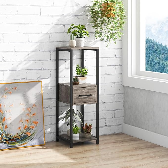 Giantex 3 Tier Tall Plant Stand Indoor, 36 Inch Corner Flower Stand Display Rack Storage Shelf with Drawer & Metal Frame for Multiple Flower Pots, Square Plant Shelf for Balcony, Living Room (1 Pack)