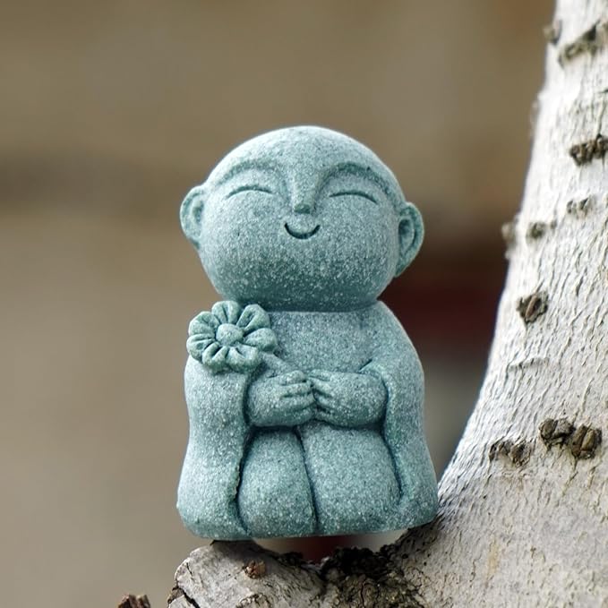 OwMell Japanese Jizo Monk Statue, Buddha Jizo Figurine Memorial Aquarium Statue Ornament - Flower