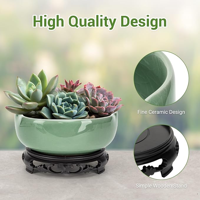 Green Ceramic Planters with Plastic Tray: 7.5" Hole-Free Lotus Bowl Planter for Hydroponic Water Lilies | Indoor/Outdoor Artistry Ice Crack Glaze Decorative Planter