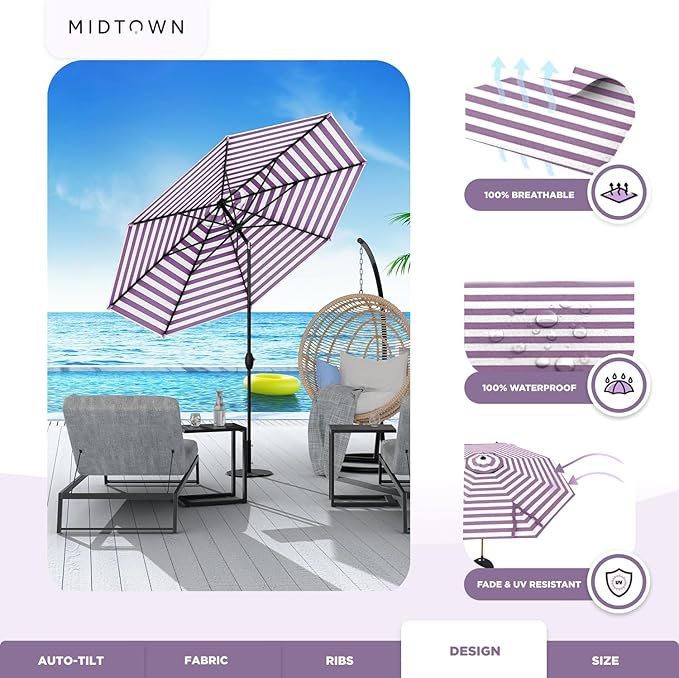 Midtown Umbrellas - 10-Year-No-Fade 6 Ft Patio Umbrella with Terylast Fabric, Auto-Tilt Aluminum Frame and 8 Reinforced Ribs for Deck, Pool, Garden & Beach - Purple/White Stripes Canopy, Black Pole