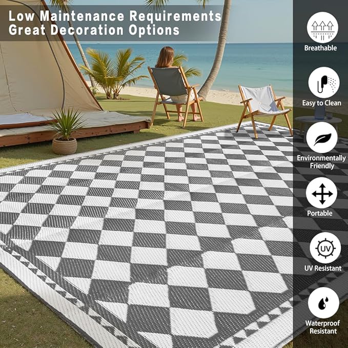 HUGEAR Outdoor Waterproof Rug 8'x10' Plastic Straw Rugs Washable Reversible Floor Mat Grey Plaid Carpet for Camping RV Deck Entryance Porch Picnic Balcony Beach Backyard