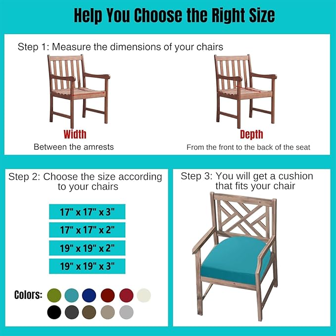 idee-home Outdoor Chair Cushions Set of 2, Thick 17" x 17" x 2" Outdoor Seat Cushions Patio Furniture Waterproof with Ties, Dining Pads