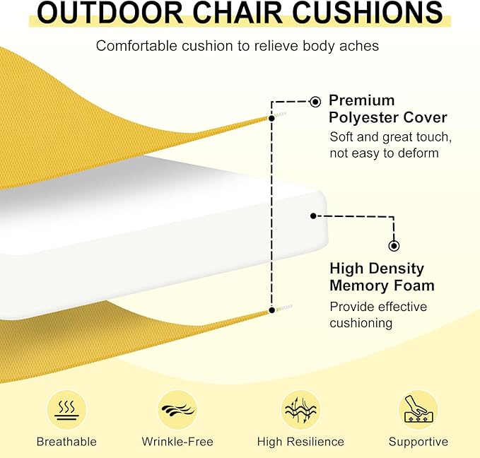 downluxe Outdoor Chair Cushions Set of 6 for Patio Furniture, Water-Resistant Patio Chair Cushions with Ties, High Density Foam Outdoor Seat Cushion, 17" X 16" X 2", Yellow