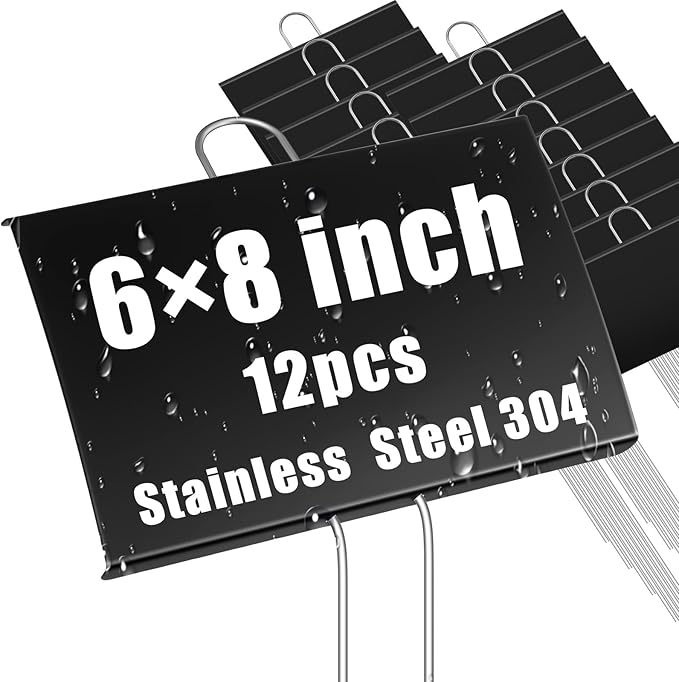 Landhoow 12 Pcs Large Garden Plant Markers Metal Plant Labels Sign 6'' x 8'' with 13'' Stake Weatherproof Waterproof Garden Sign for Outdoor Seedlings Herbs Vegetable Greenhouse, Black