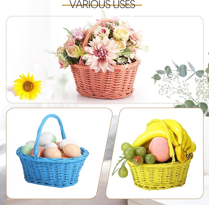 Barydat 6 Pcs Small Wicker Picnic Basket with Handle Flower Girl Baskets Oval Willow Woven Braided Gift Basket for Easter Weddings Baby Shower Home Garden Decor (Colorful,9" x 7" x 4")