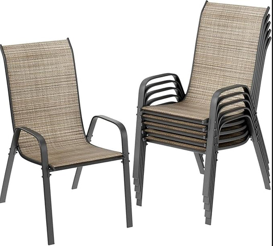 MAMIZO Patio Dining Chairs, Stackable All Weather Teslin Chair, Heavy Duty Outdoor Breathable Chairs Set, w/Armrests, Upgraded Chair FeetW/Strenthened Iron Spacers, 330 LBS (6, Brown)